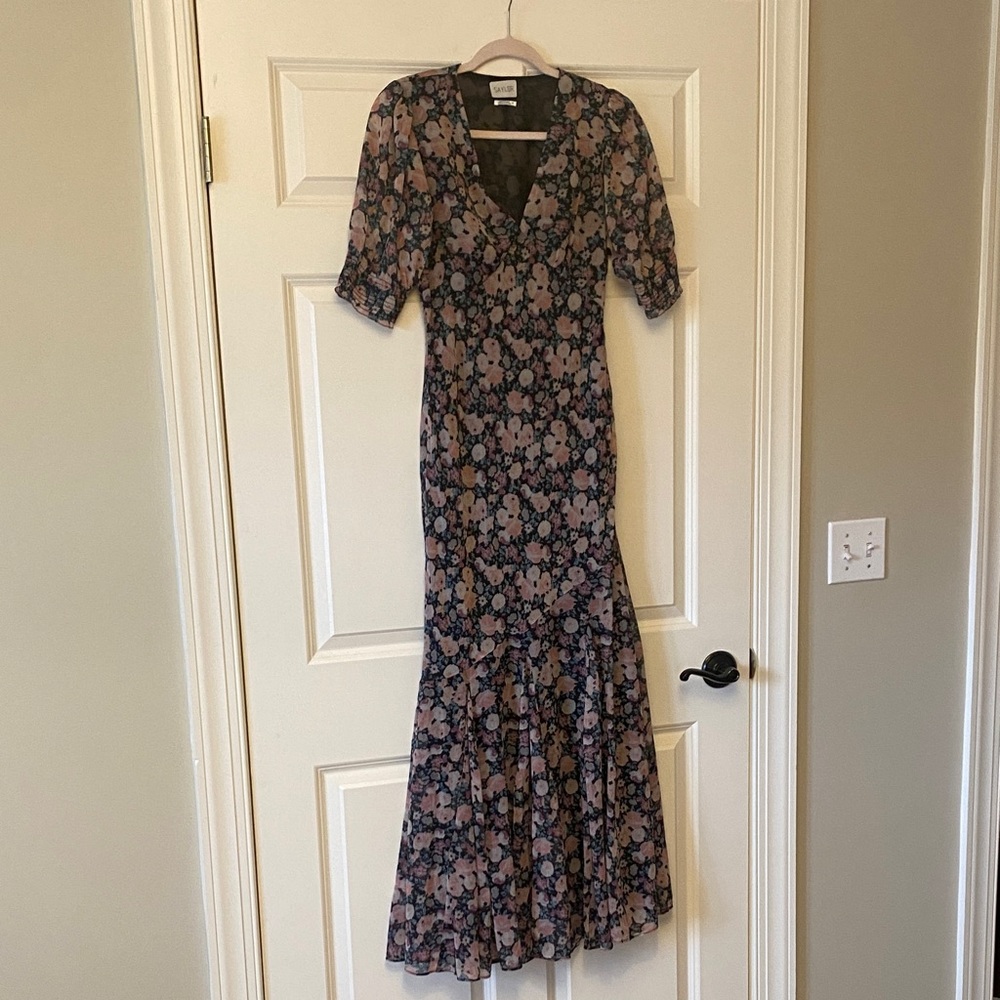Floral V-Neck Maxi Dress in Black and Pink - Brand: Saylor